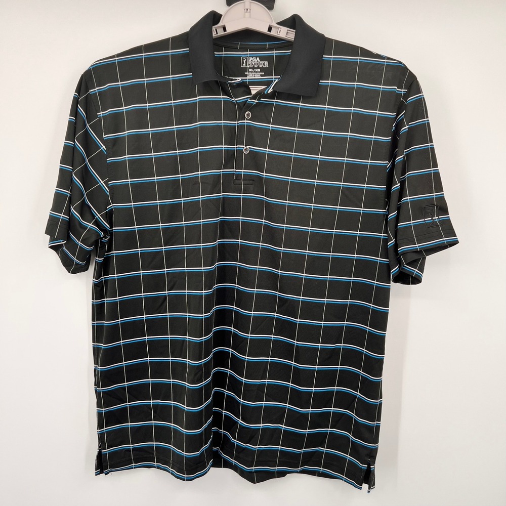 PGA Tour Mens XL Golf Polo Shirt Black Blue White Grid Windowpane Short Sleeve
